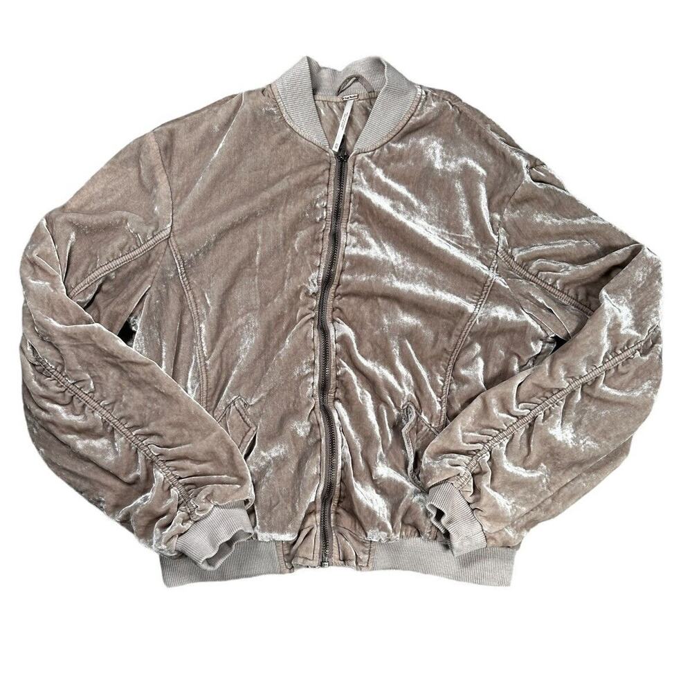 Free People Crushed Velvet Bomber Jacket XS Smoke Full Zip Ruched Coquette